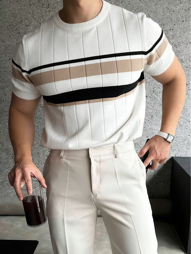 Men'S Contrast Short Sleeve Knit Pullover, Regular Round Neck Top, Business Casual Summer New Arrival