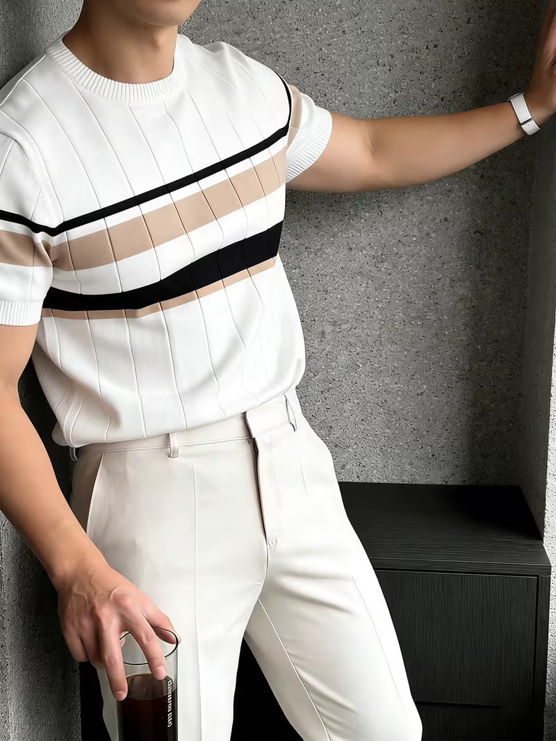 Men'S Contrast Short Sleeve Knit Pullover, Regular Round Neck Top, Business Casual Summer New Arrival