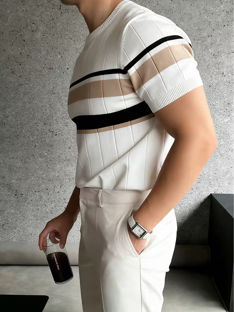 Men'S Contrast Short Sleeve Knit Pullover, Regular Round Neck Top, Business Casual Summer New Arrival